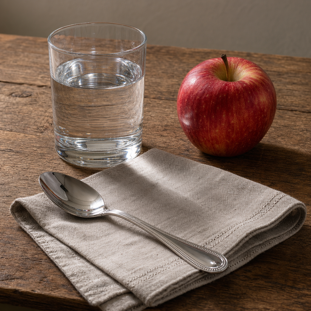 A still life on a wooden table featuring a clear glass of wa