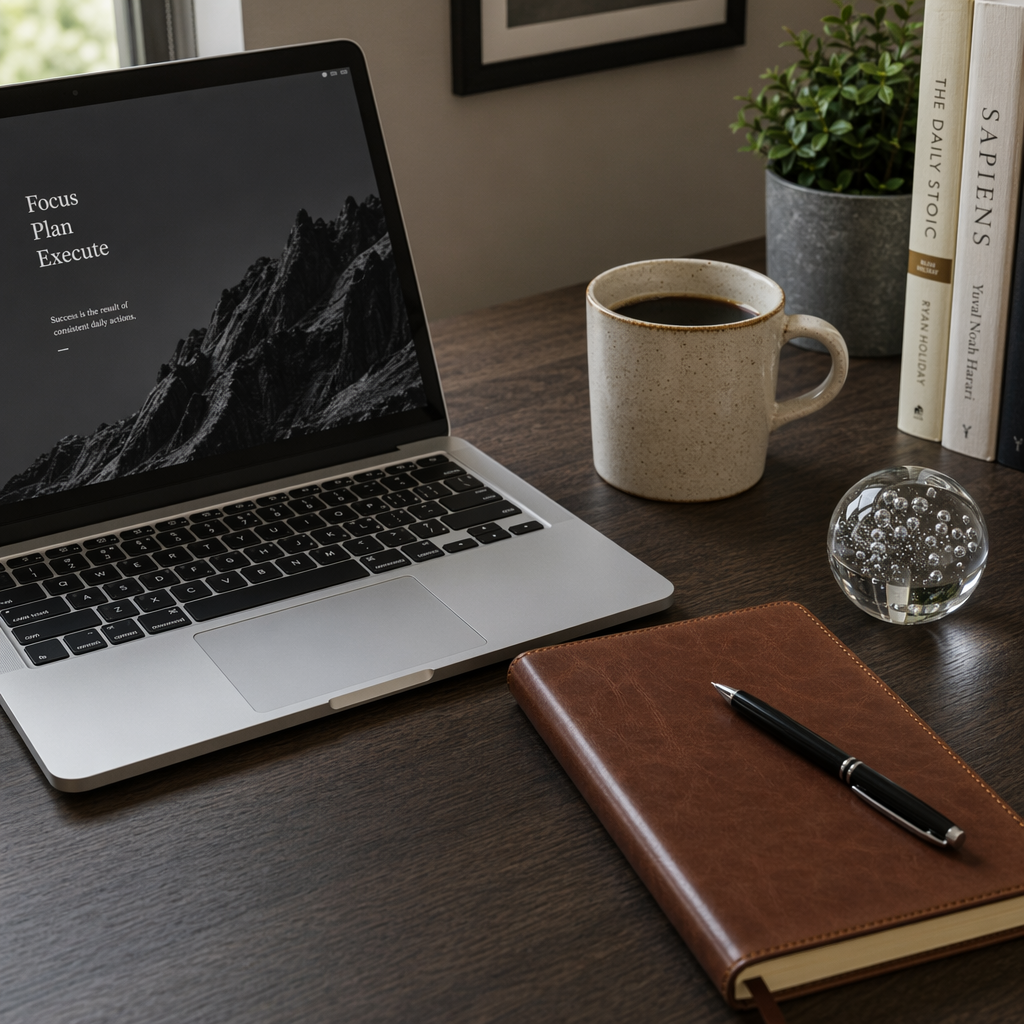 A workspace desk with a brushed aluminum laptop, a leather-b