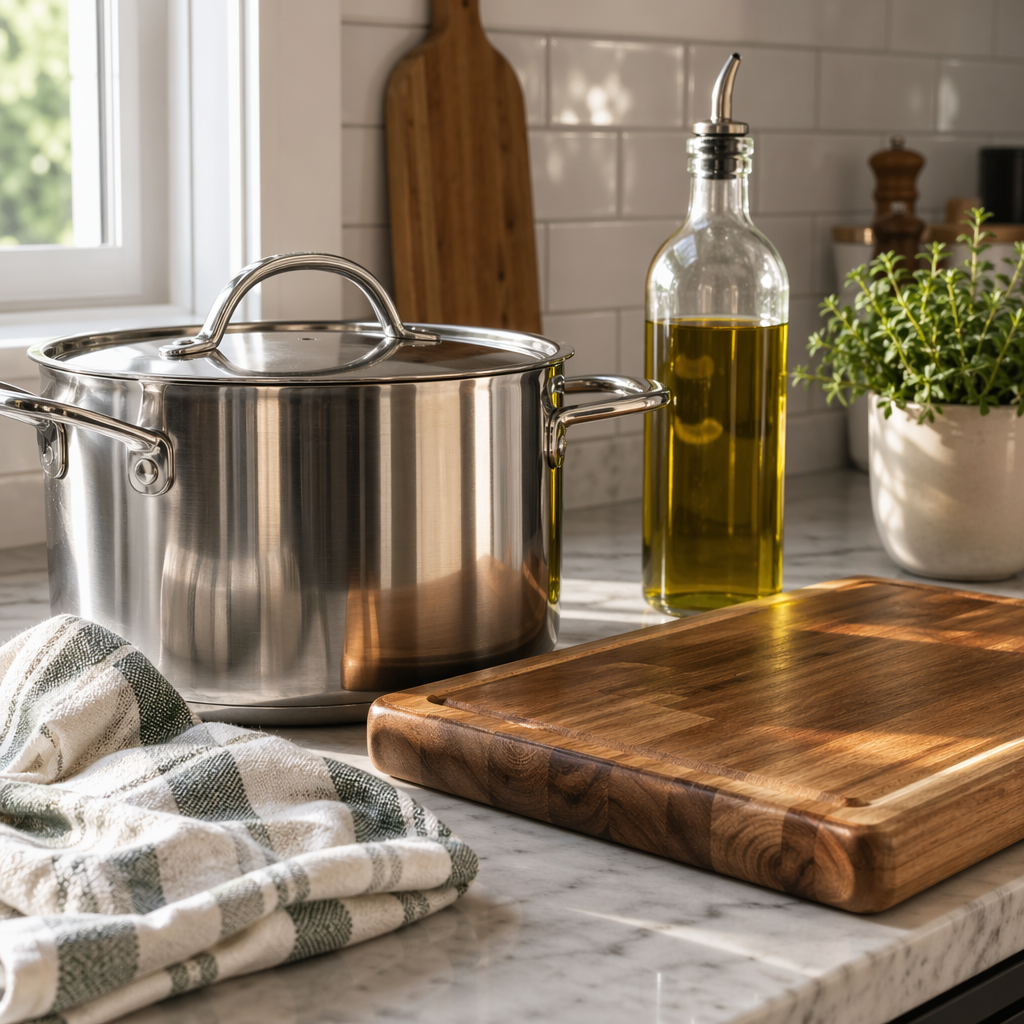 A kitchen counter with a stainless steel pot, a wooden cutti