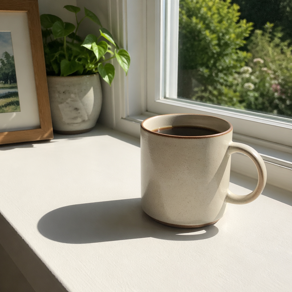 A coffee mug on a sunny windowsill casting a sharp shadow to