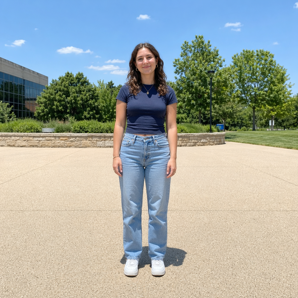 A person standing outdoors at midday with a short shadow dir