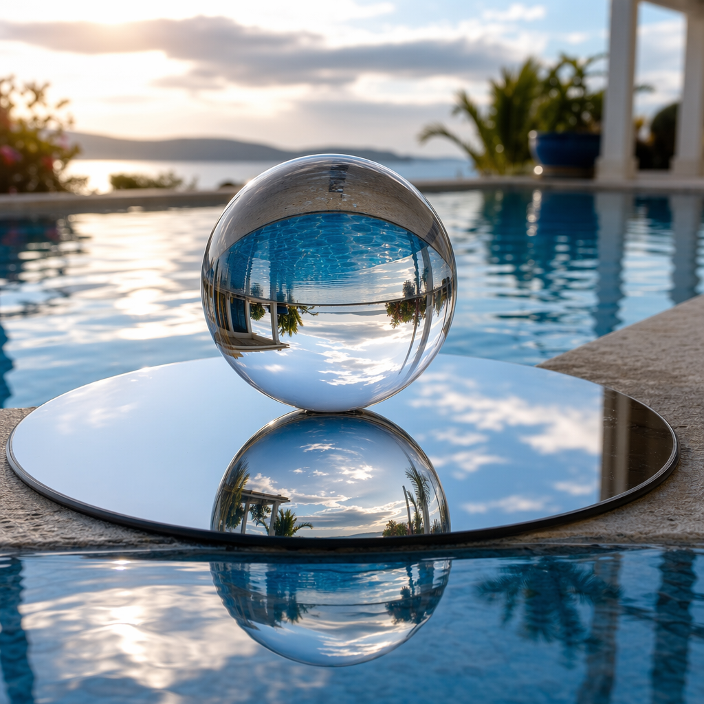 A clear glass sphere sitting on a mirror surface near a pool