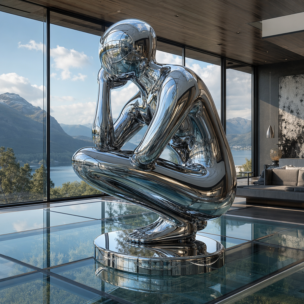 A chrome sculpture in a room with a glass floor and large wi