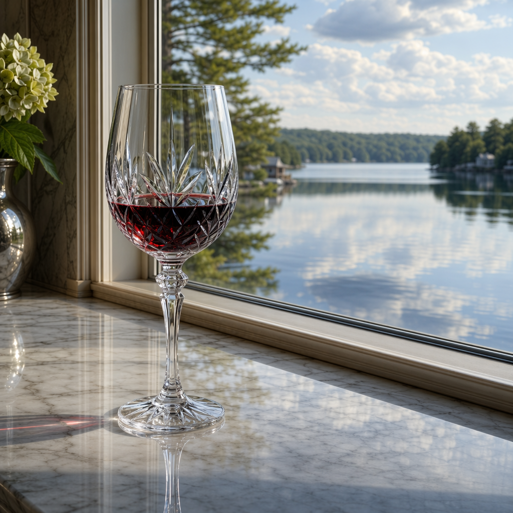 A crystal wine glass on a polished marble counter next to a 