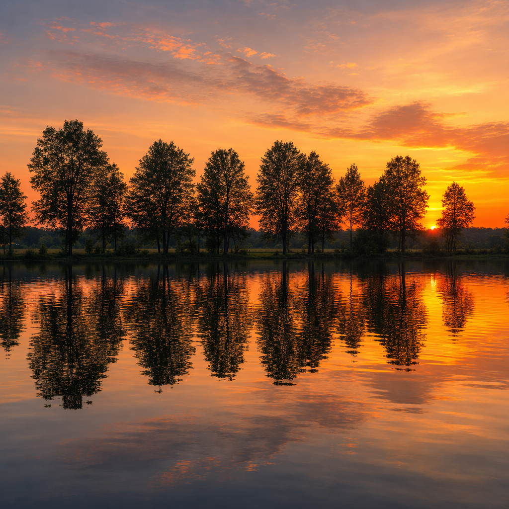 A row of trees reflected in a calm lake at sunset, with the 