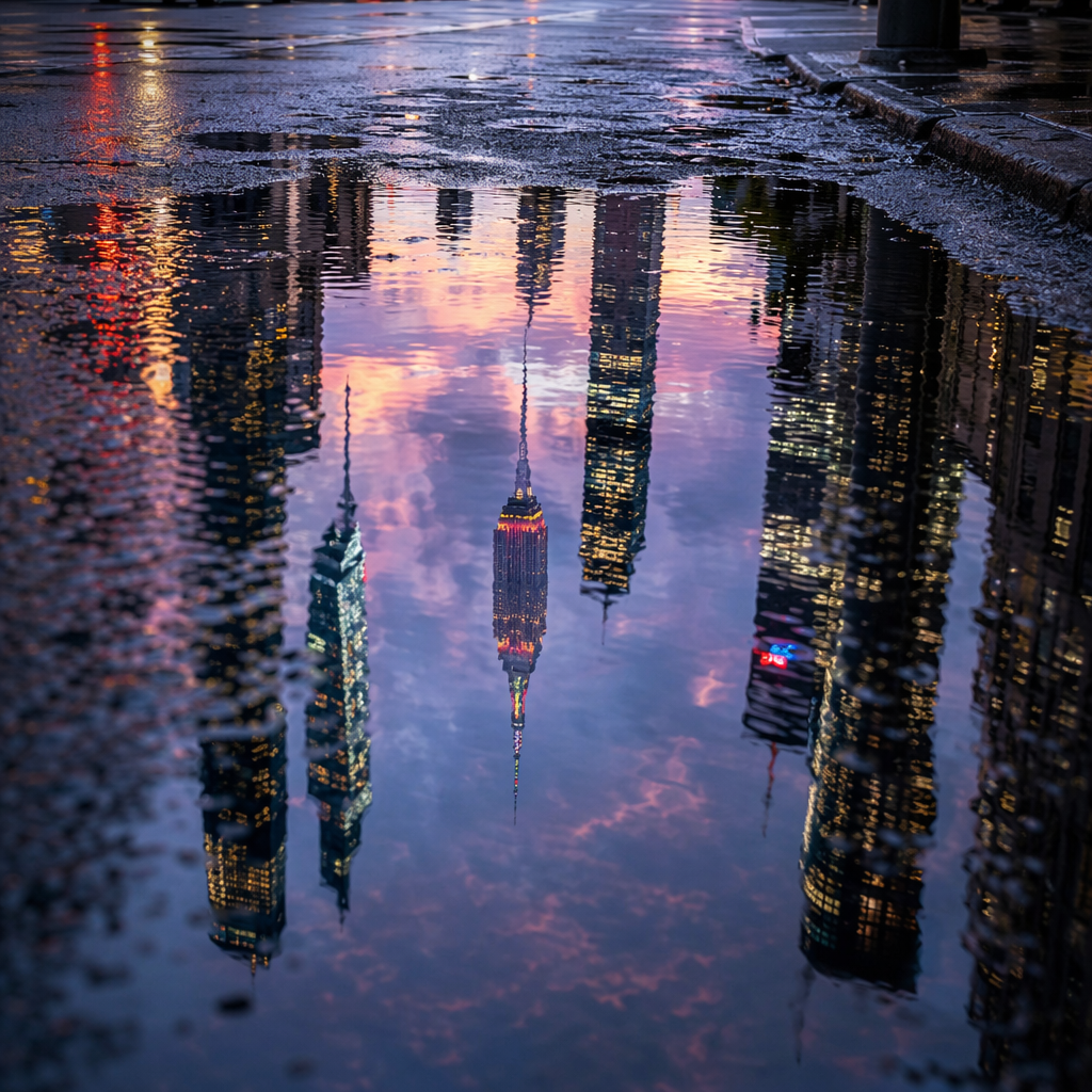 A city skyline reflected in a rain puddle on a street, with 