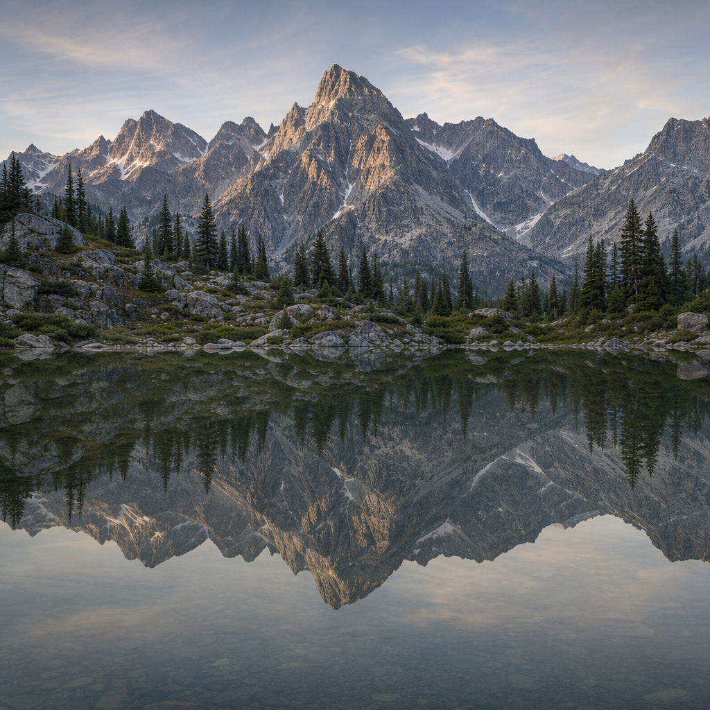 A mountain range reflected in a still alpine lake, with the 