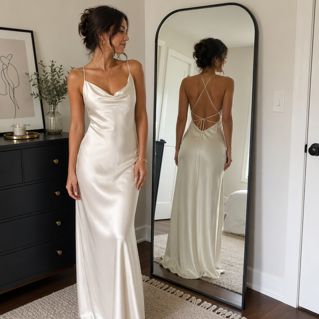 A woman standing in front of a full-length mirror, her refle