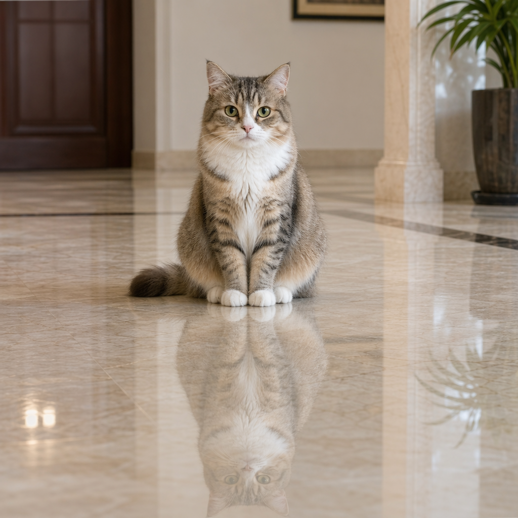 A cat sitting on a polished marble floor with its reflection