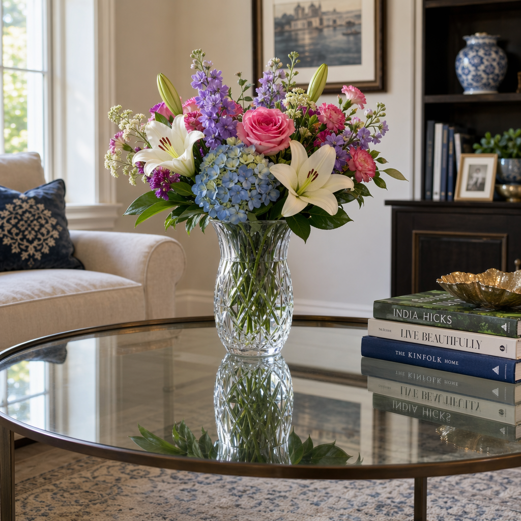 A vase of flowers on a glass table with a clear reflection v