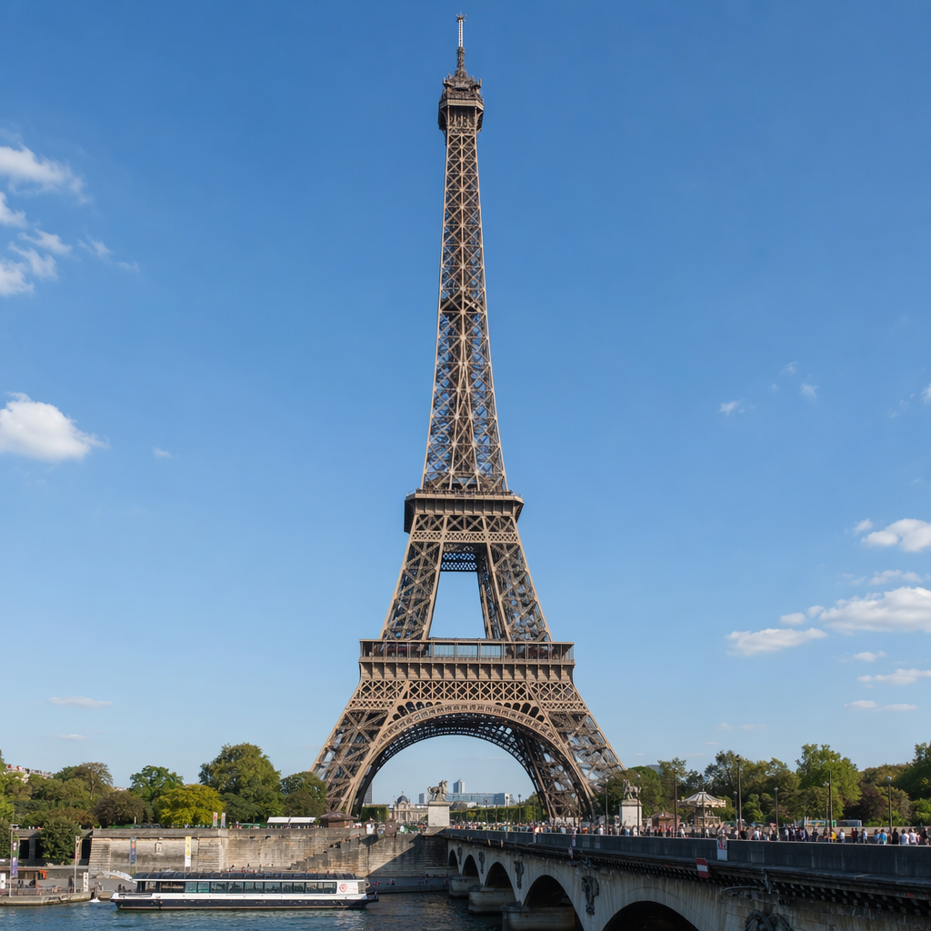 The Eiffel Tower in Paris on a clear day, architecturally ac