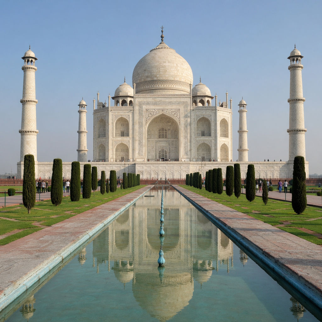 The Taj Mahal in Agra seen from the reflecting pool, with ac