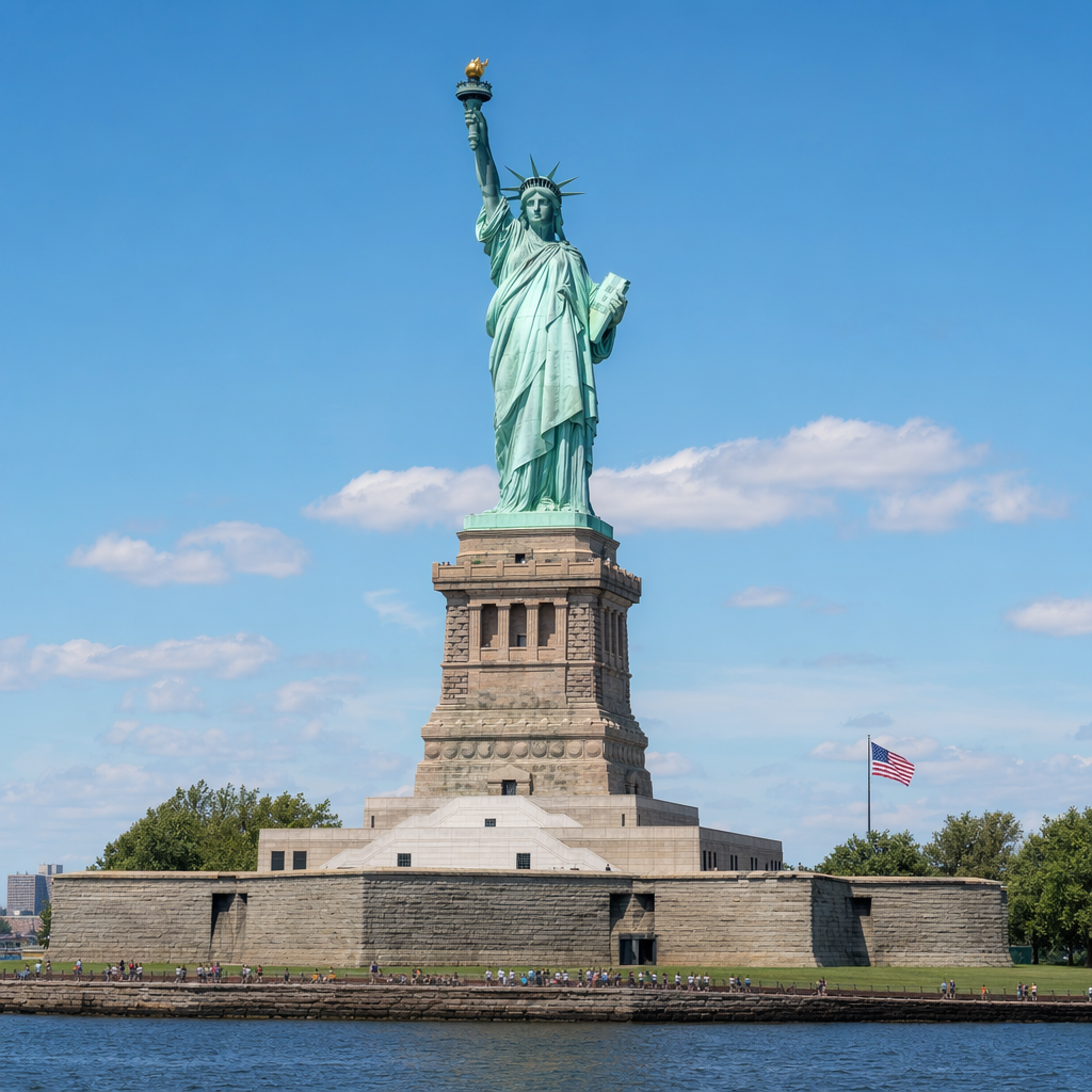 The Statue of Liberty on her island pedestal, with correct t