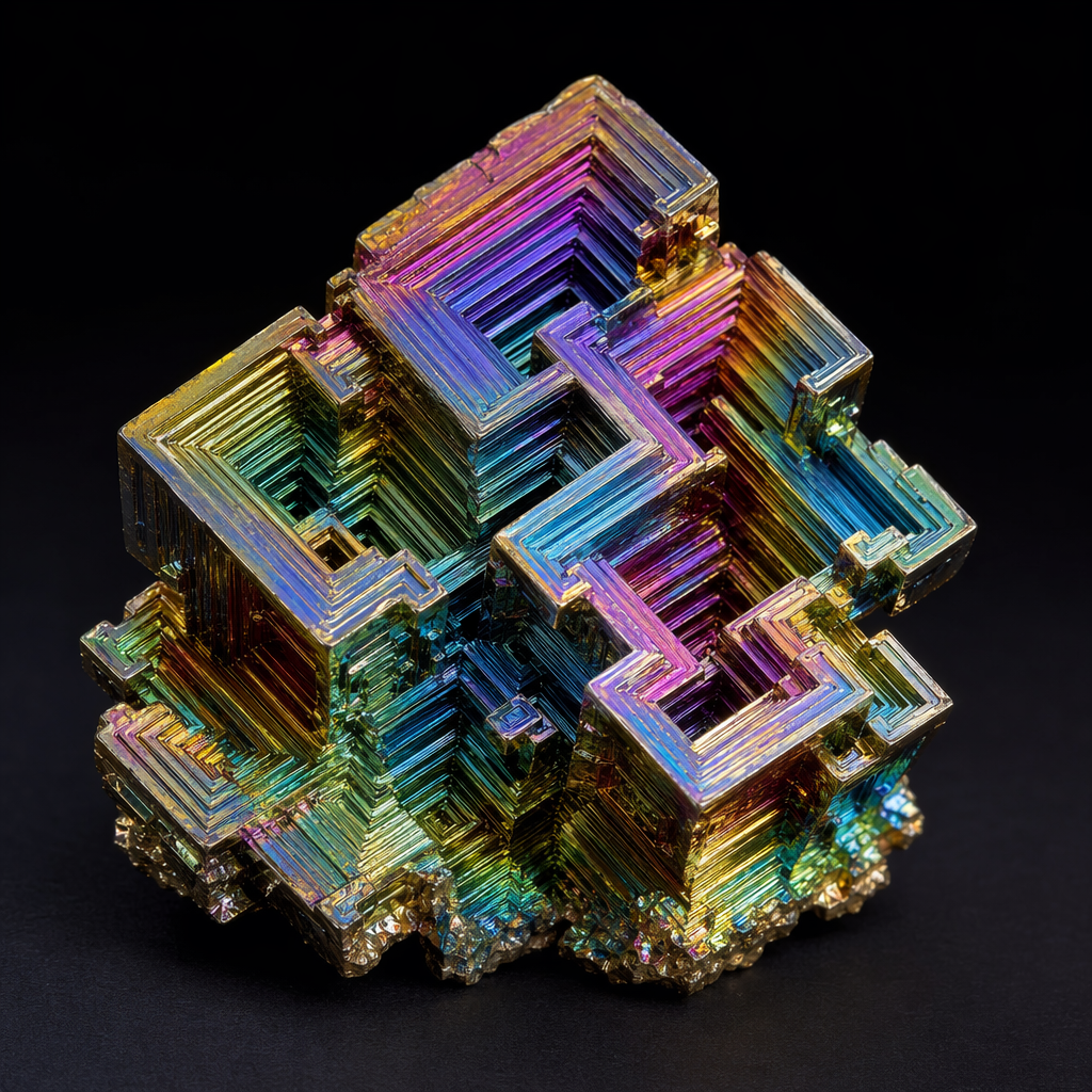 A specimen of bismuth crystal showing accurate iridescent ox