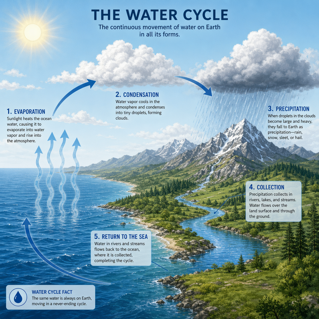 A detailed diagram of the water cycle showing evaporation fr