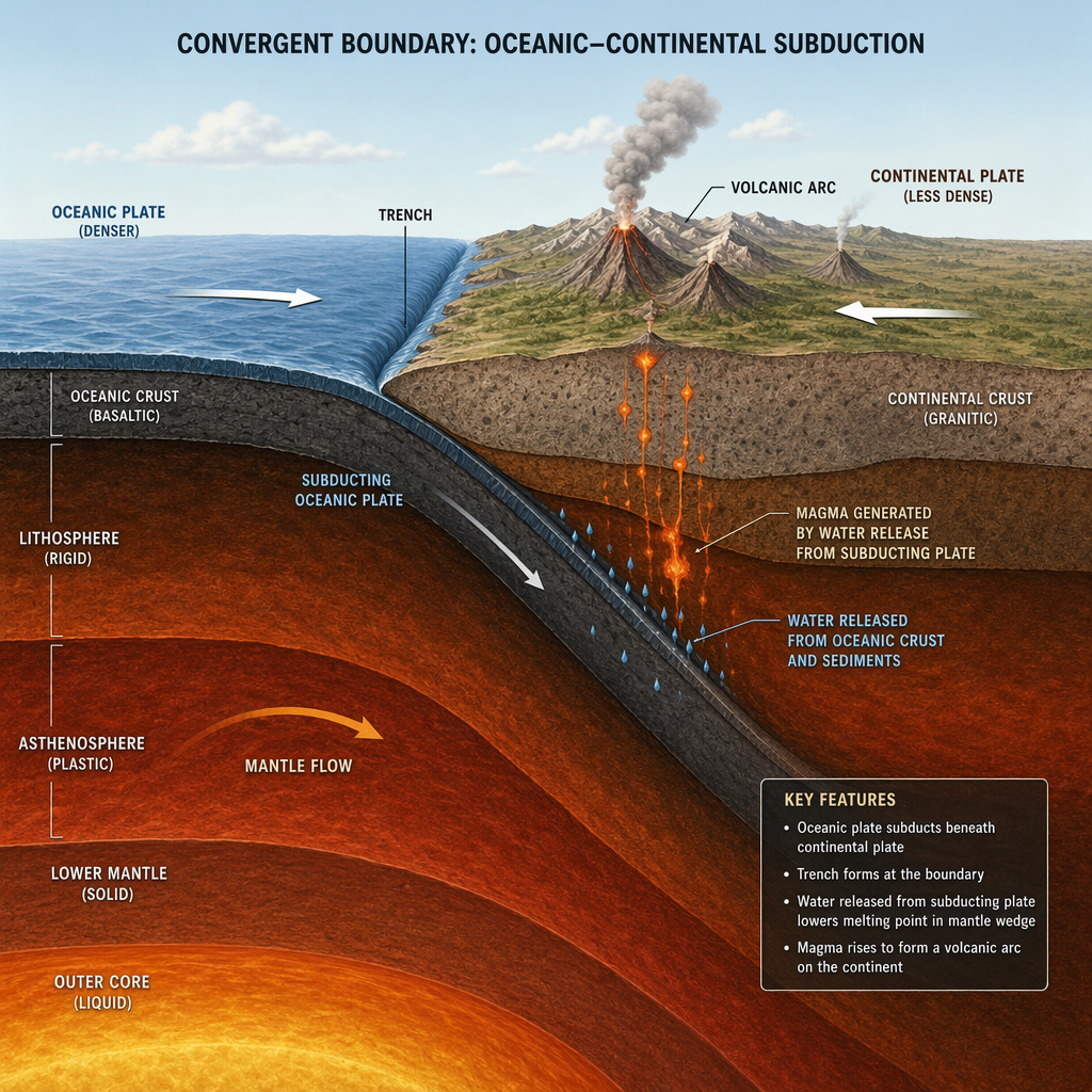 A cross-section showing tectonic plates at a convergent boun