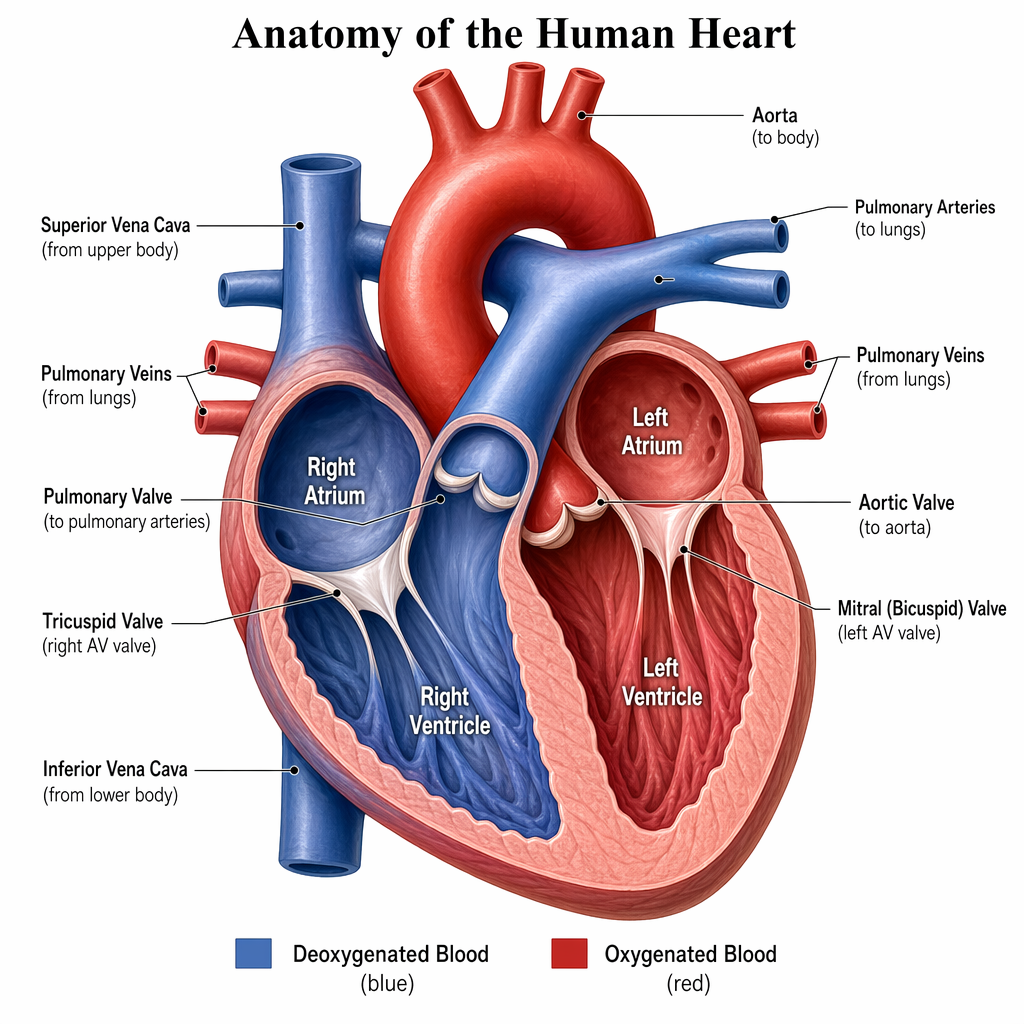 An anatomical illustration of the human heart showing four c