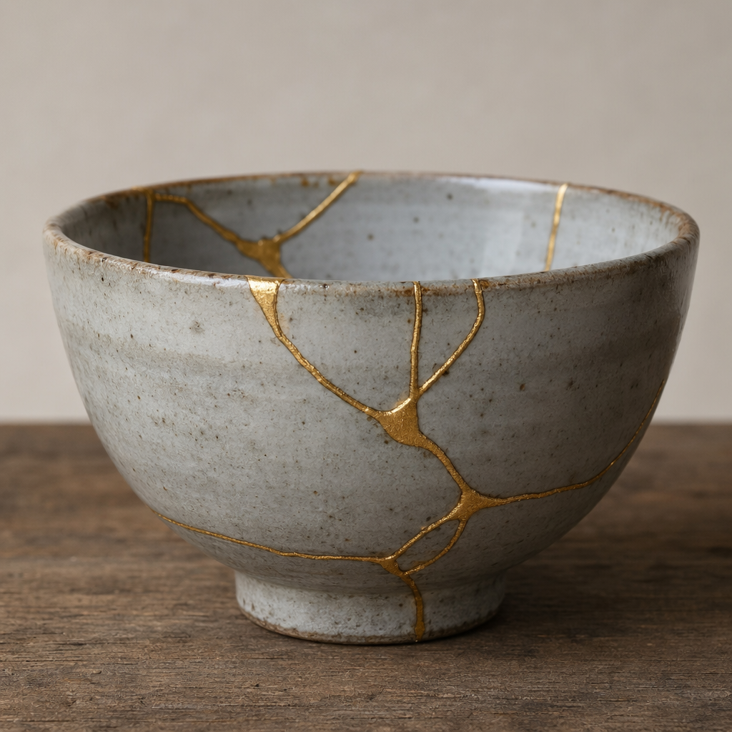 A Japanese kintsugi bowl — cracked ceramic repaired with vis