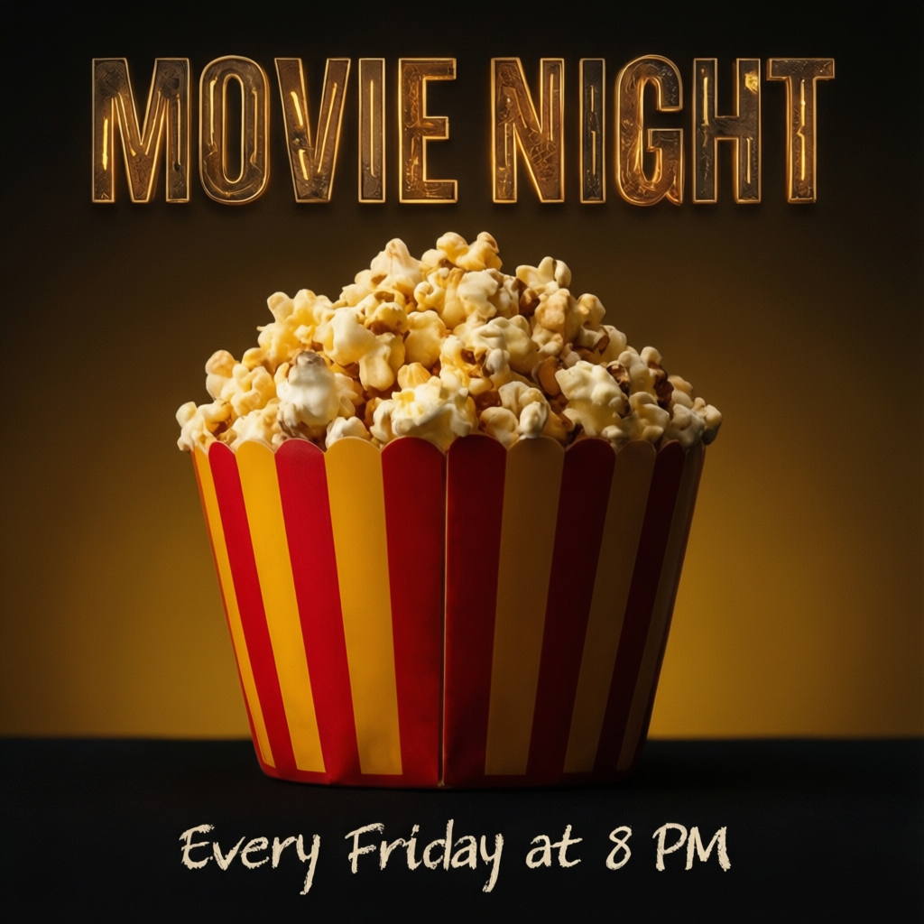 A movie night poster with a large popcorn image in the cente