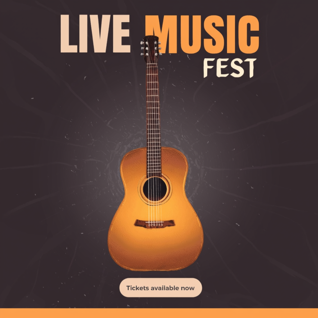 An event poster featuring a guitar illustration, the headlin