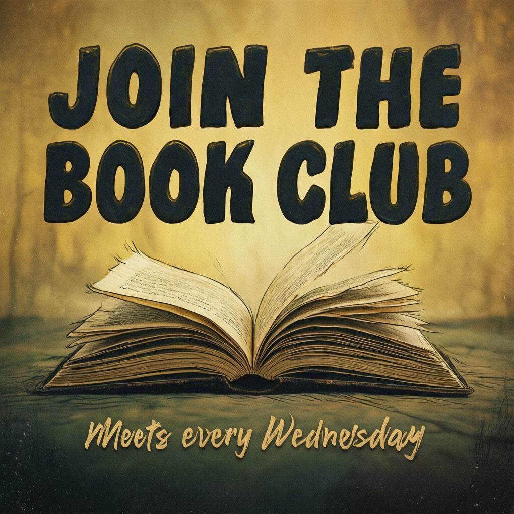 A book club poster with an open book illustration, the title