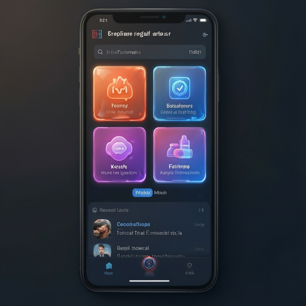 A mobile app UI mockup showing a dashboard with a top naviga