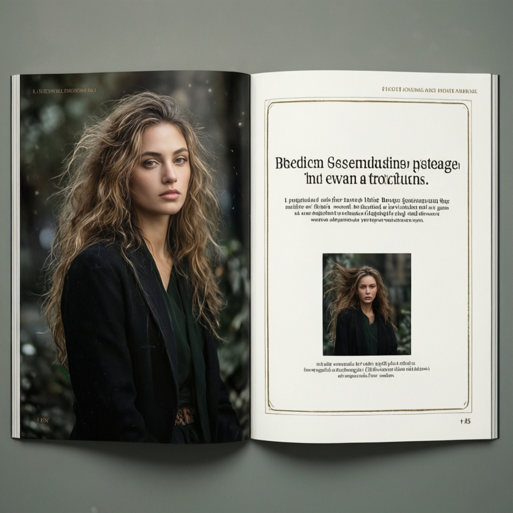 A fashion magazine spread with a full-bleed left-page photo,