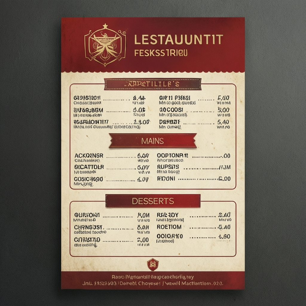 A restaurant menu layout with a logo header, three category 