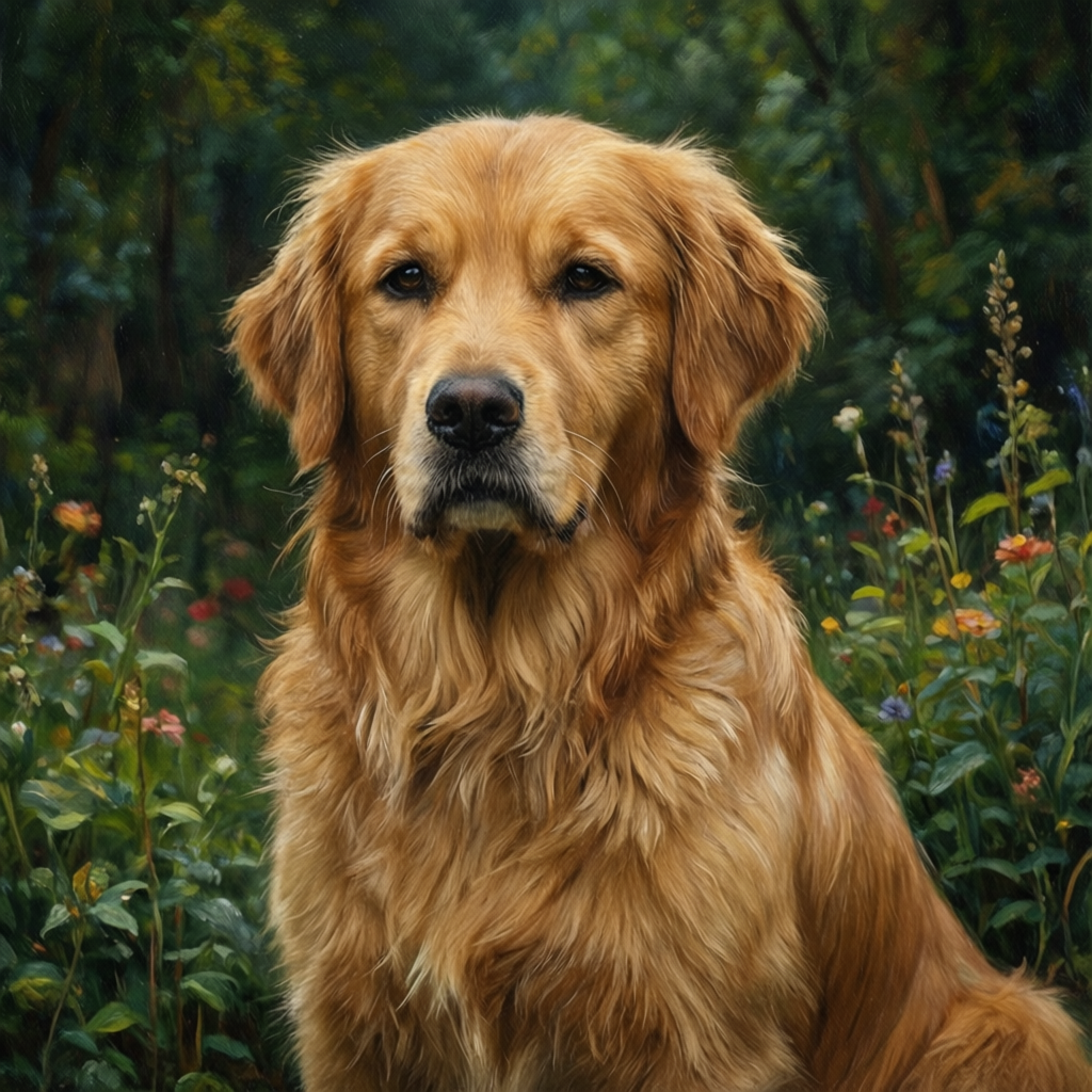 A golden retriever sitting in a garden, painted in the style