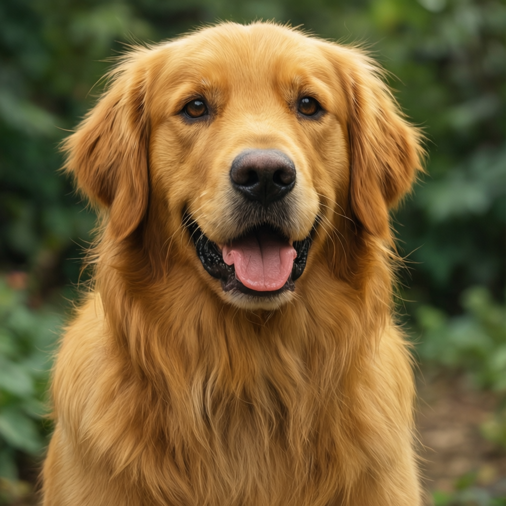 A golden retriever sitting in a garden, rendered in Japanese