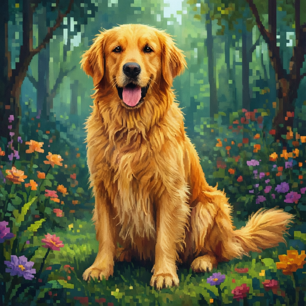 A golden retriever sitting in a garden, rendered in pixel ar