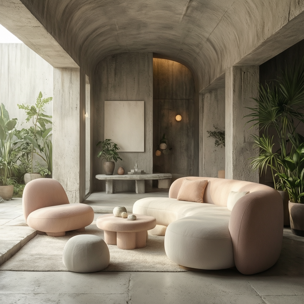 An interior scene rendered in soft brutalism — raw concrete 