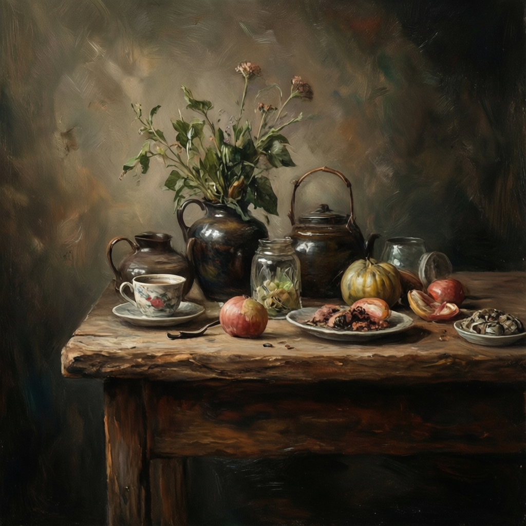A still life painted in anxious minimalism — sparse composit