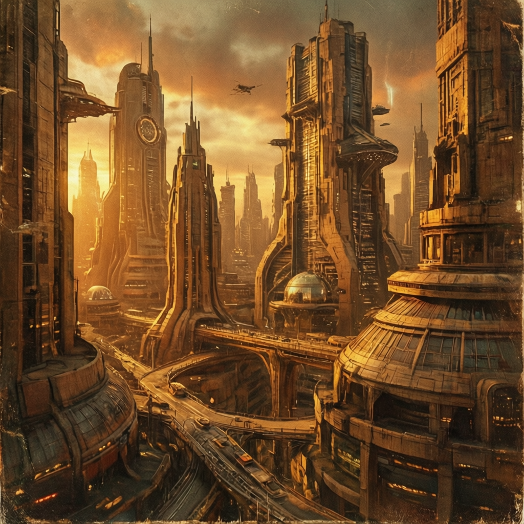 A cityscape rendered in nostalgic futurism — retro-futuristi