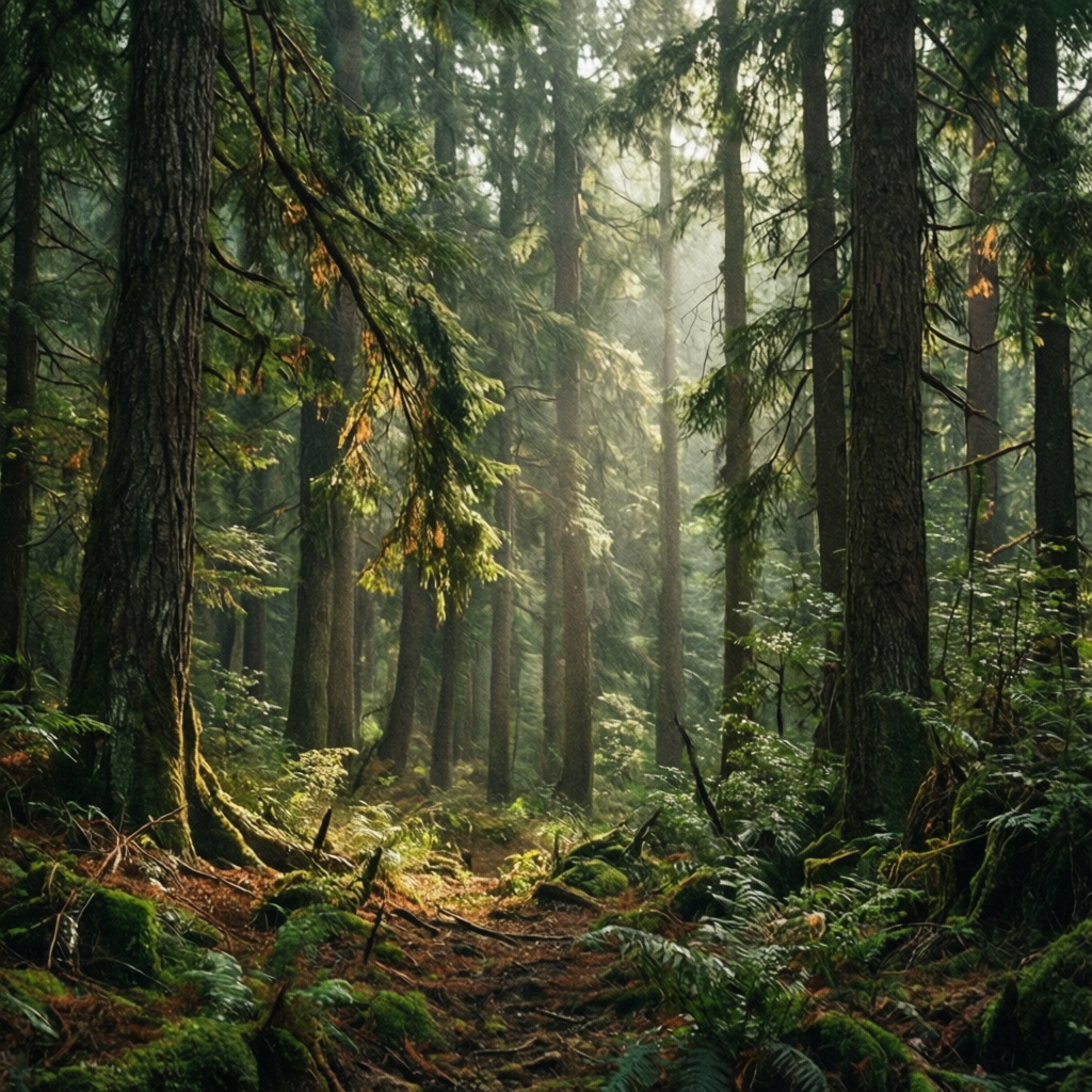 A forest rendered in photorealistic watercolor — the detail 