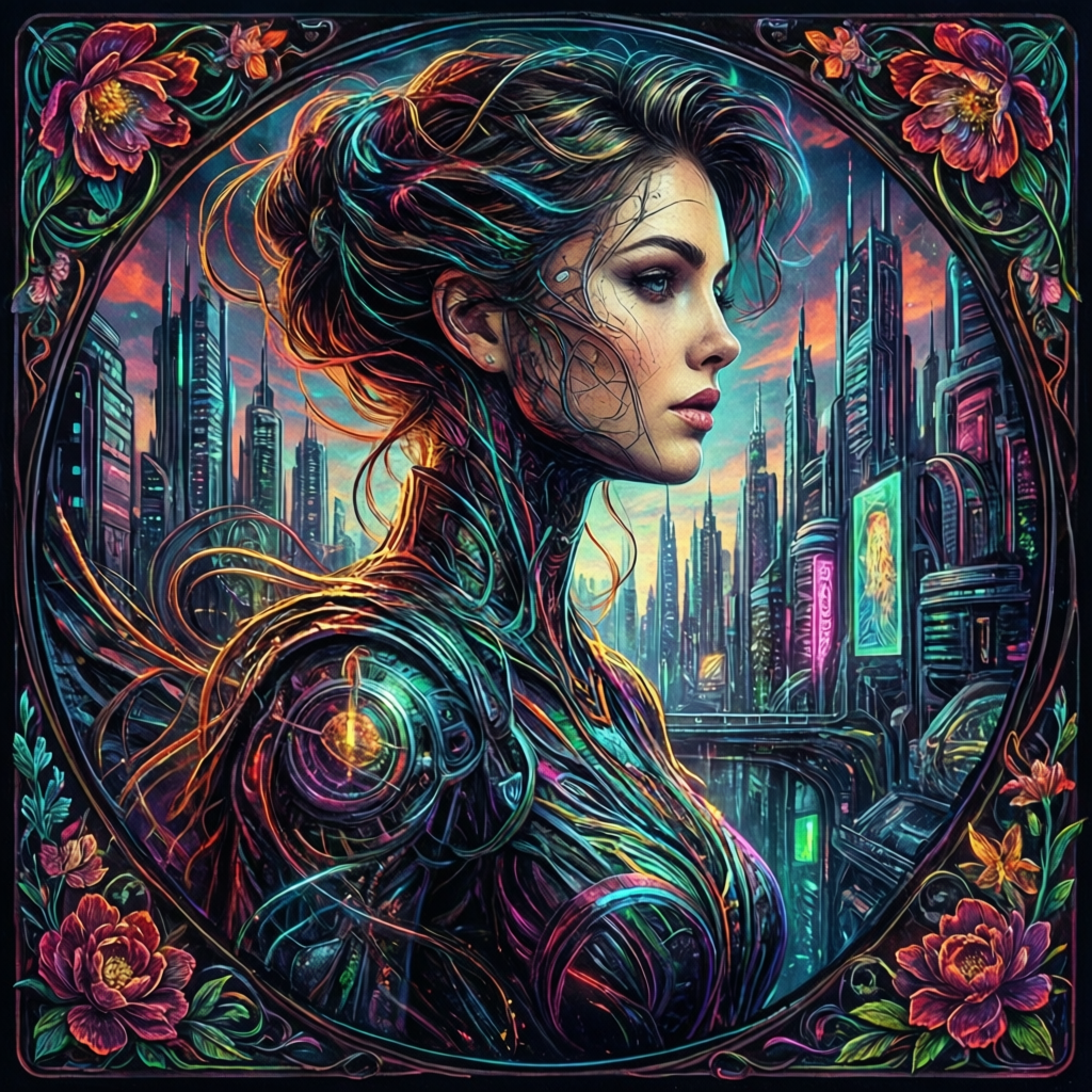 A woman in a futuristic city rendered in cyberpunk Art Nouve