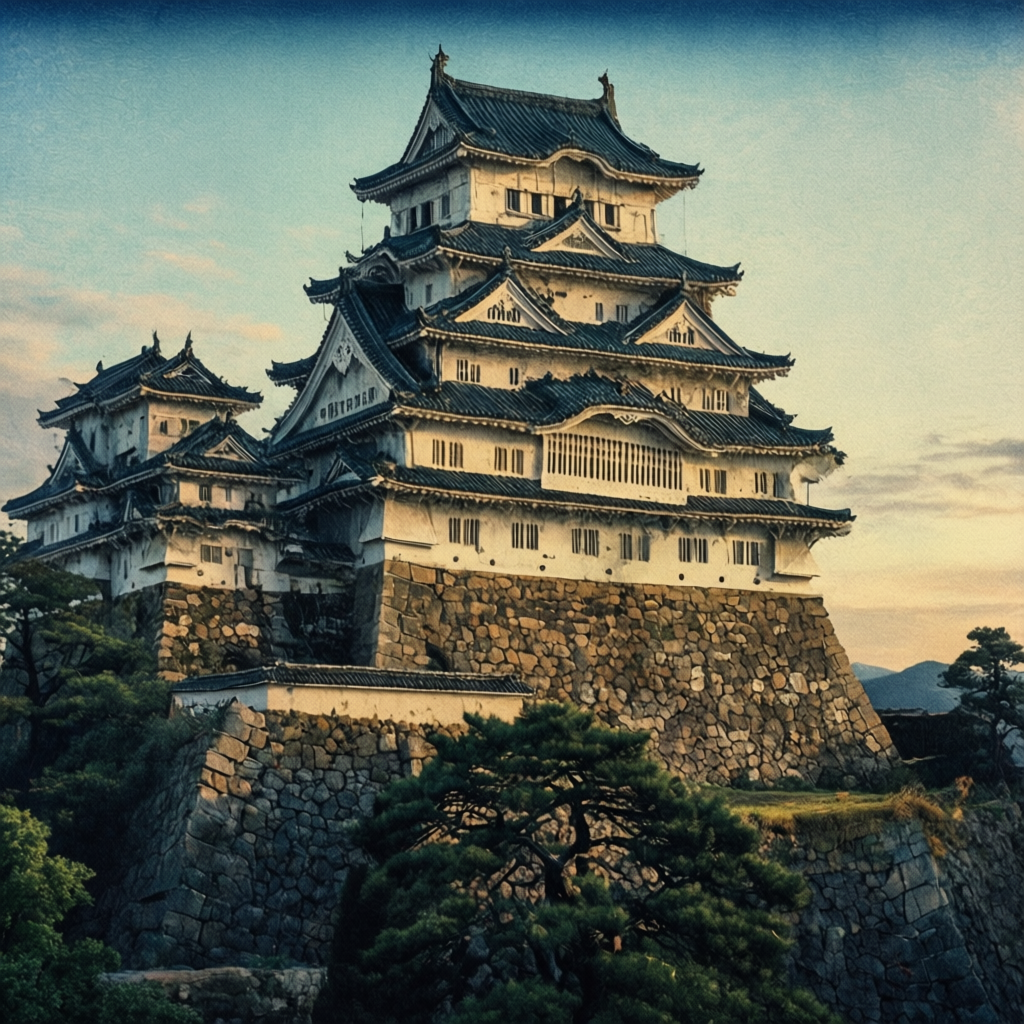 A medieval castle depicted in Japanese ukiyo-e woodblock pri
