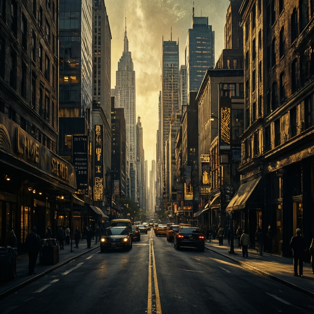 A city street scene in the style of Art Deco — geometric sha