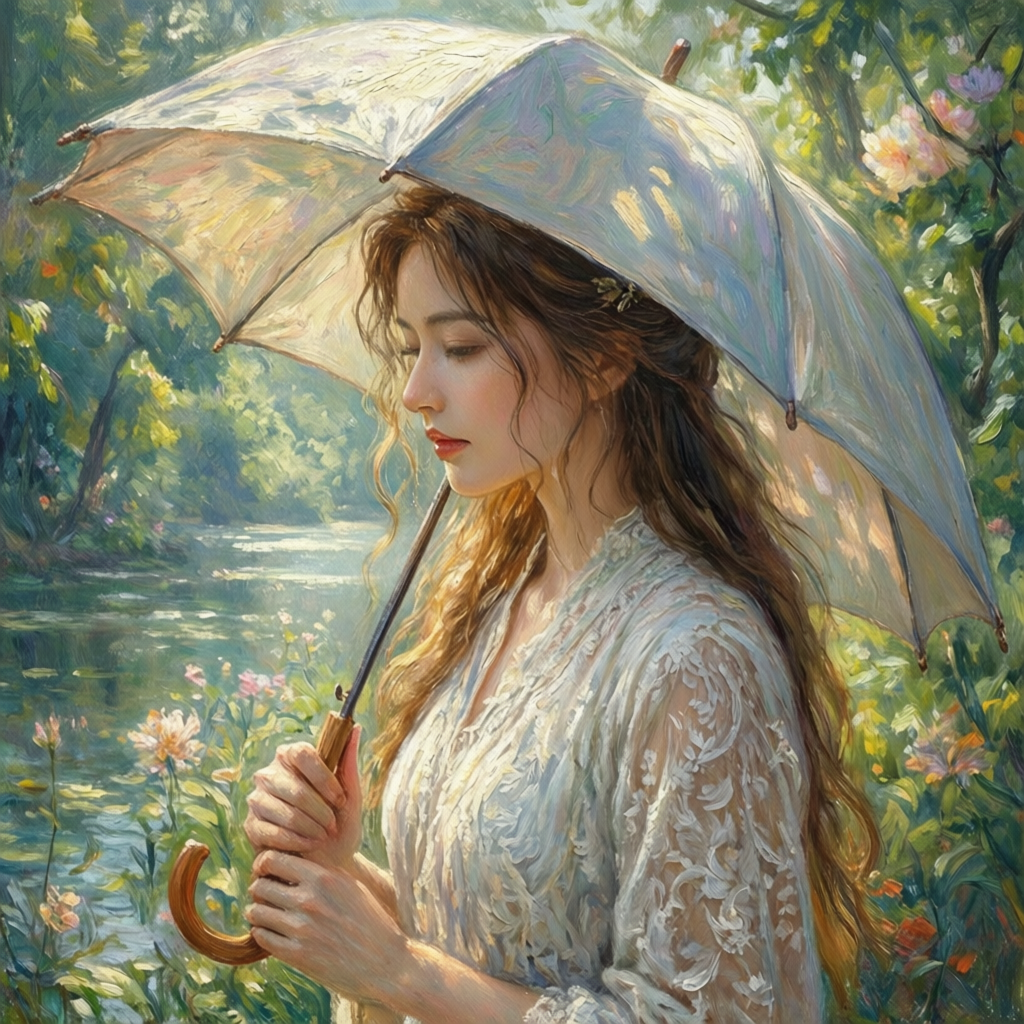 A woman with a parasol in the style of Impressionism — soft 