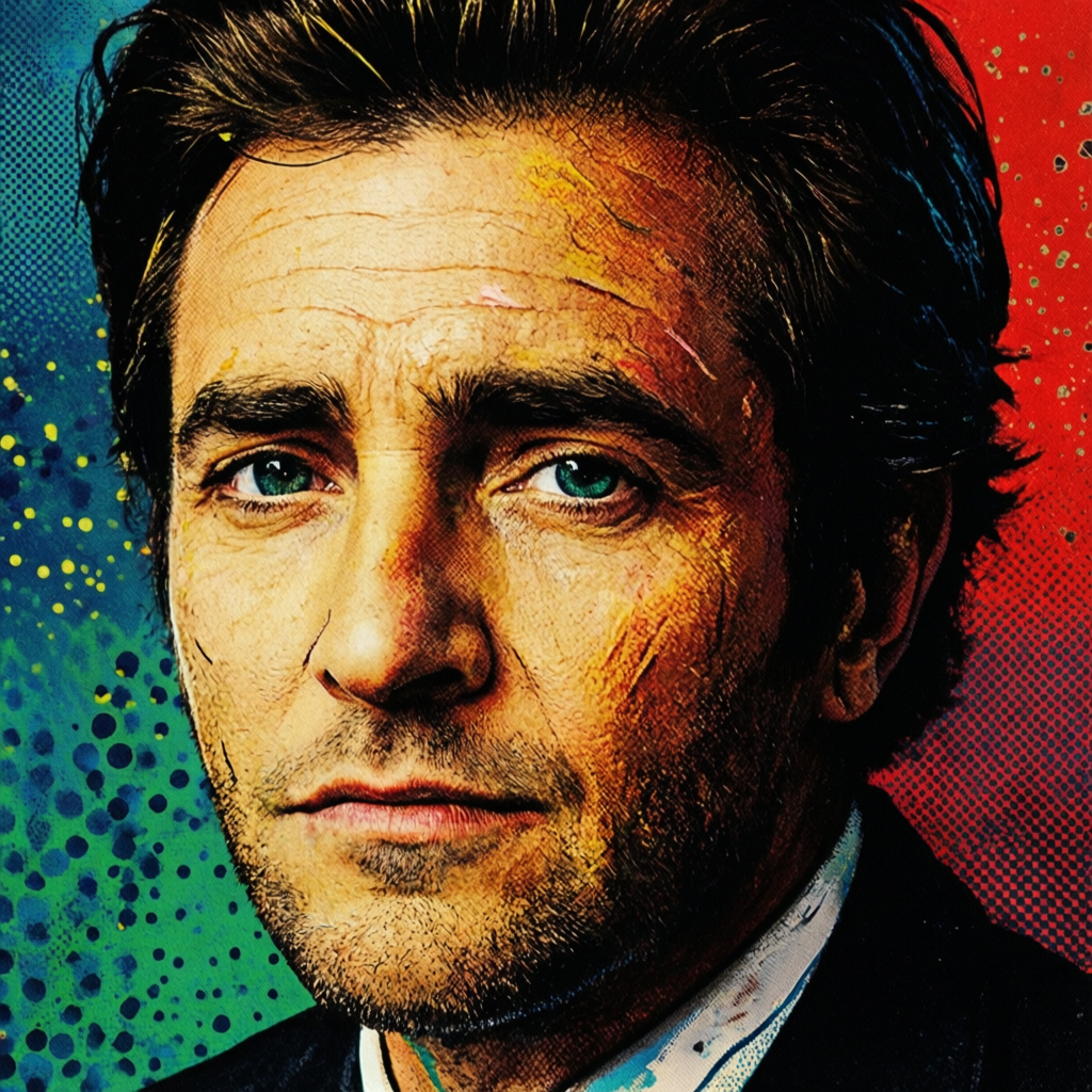 A portrait of a man in Pop Art style — bold outlines, Ben-Da