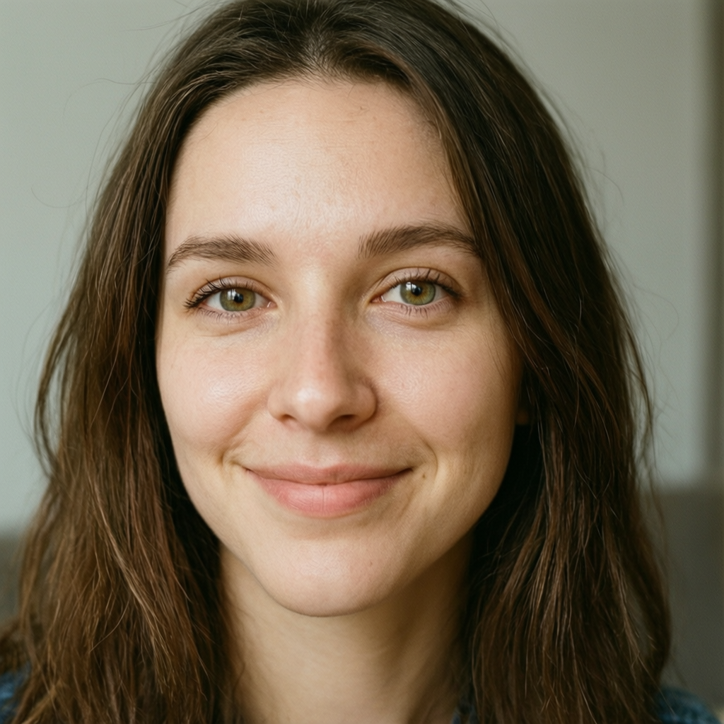 A close-up portrait of a young woman with a warm natural smi