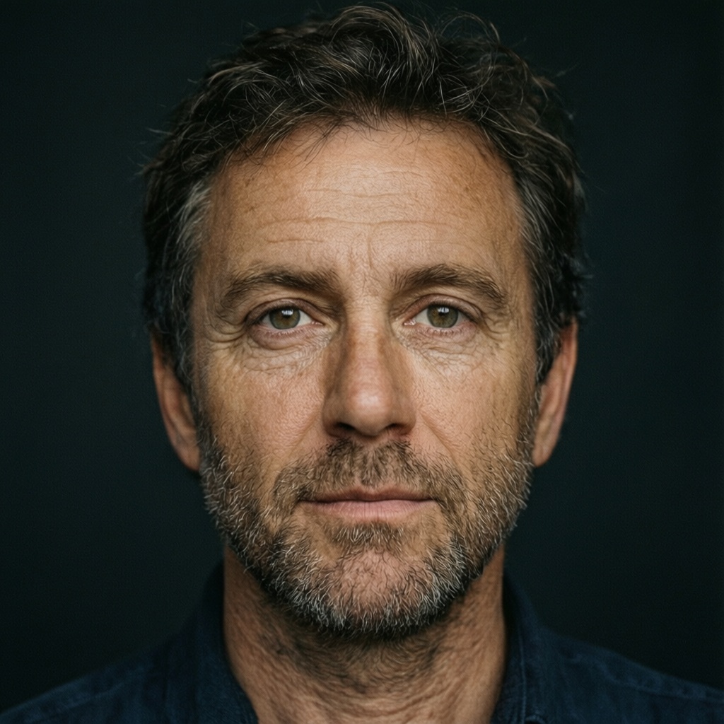 A portrait of a middle-aged man with a calm, serious express