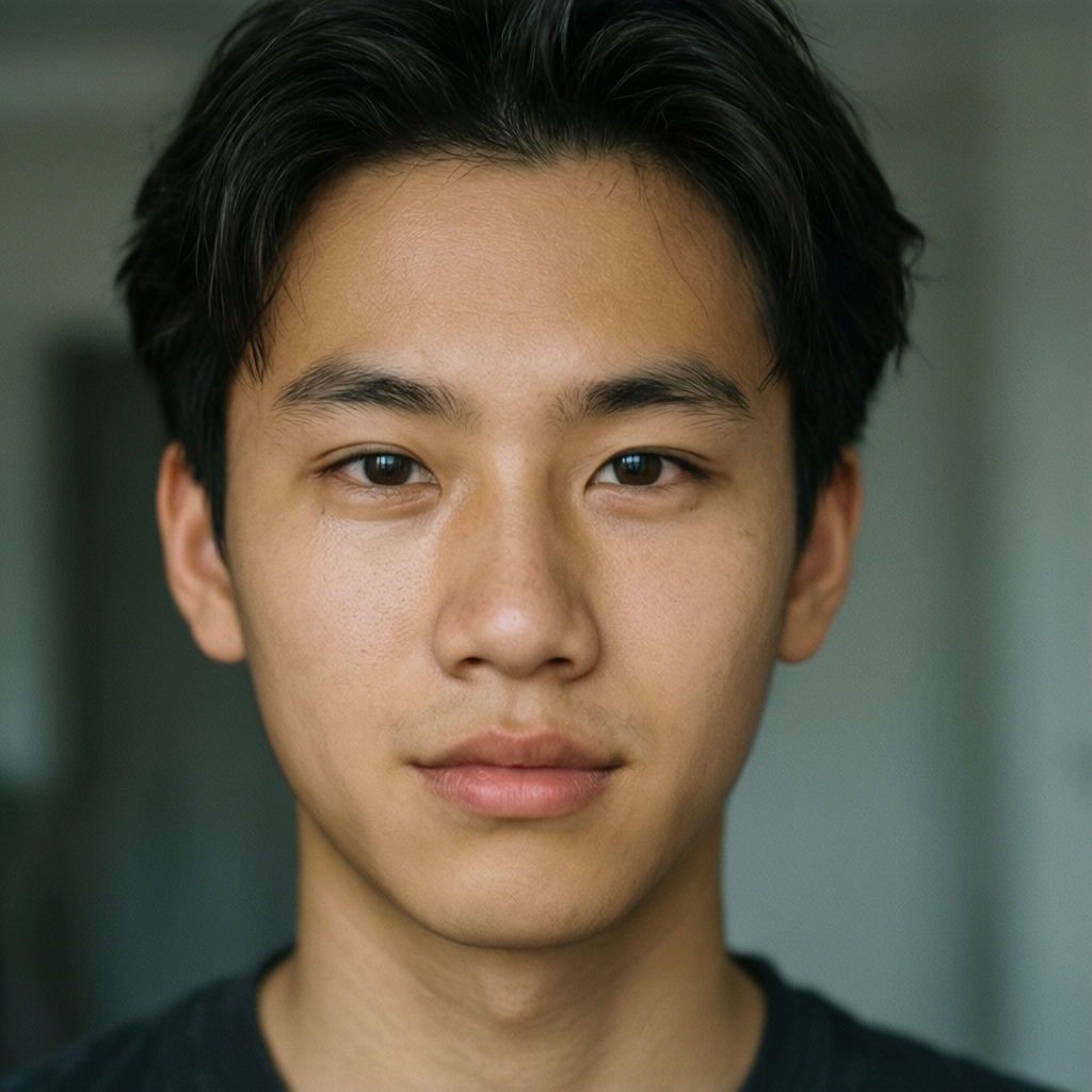 A headshot of a teenager with a relaxed, neutral face