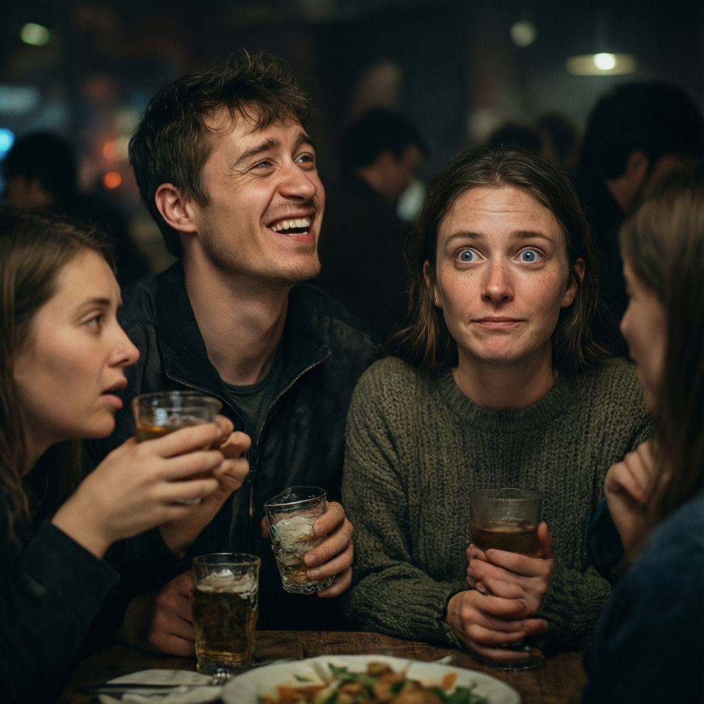 A group of three friends at a table: one laughing with head 