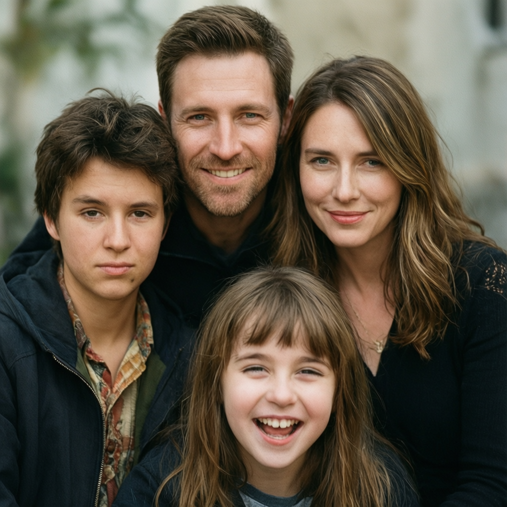 A family photo with four people: a father beaming with pride