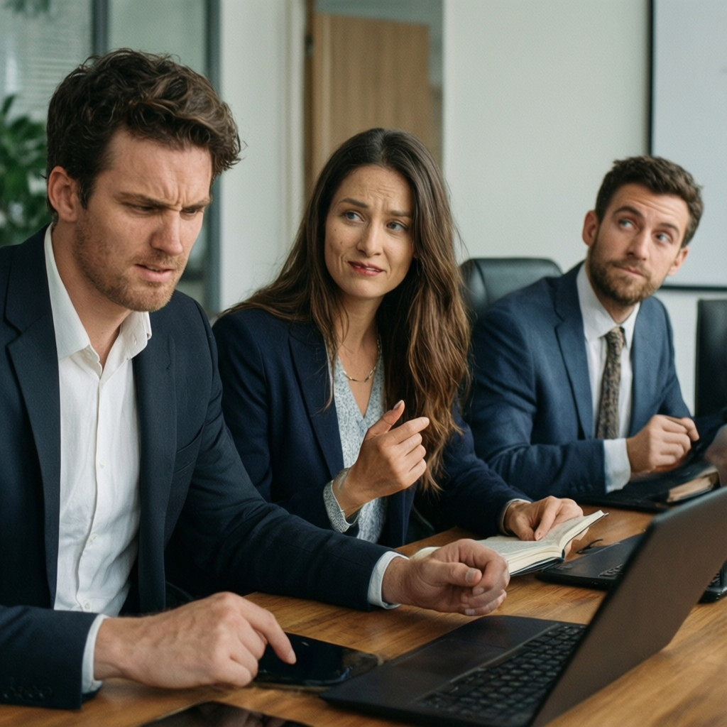 Three coworkers in a meeting: one looking frustrated with fu