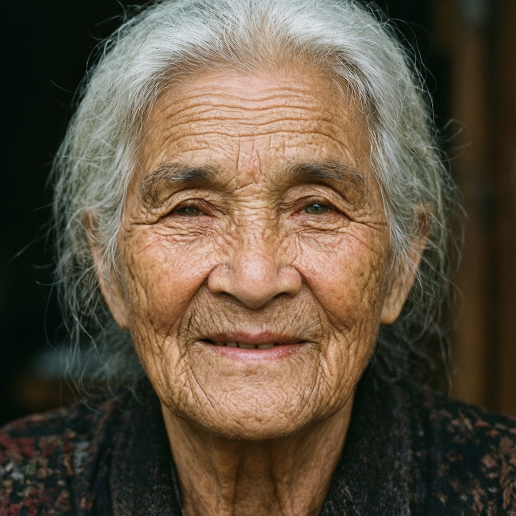 An elderly woman in her 80s with deep wrinkles and white hai