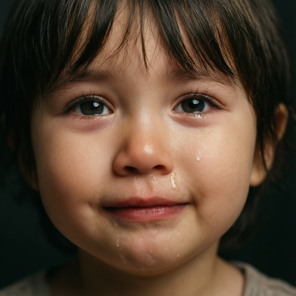 A 5-year-old child with round cheeks and large eyes, crying 