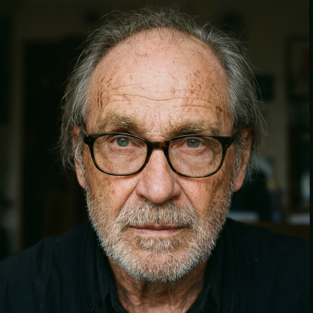 An elderly man in his 70s with age spots and thinning gray h