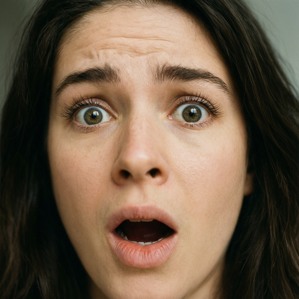 A portrait capturing genuine surprise — raised eyebrows, wid